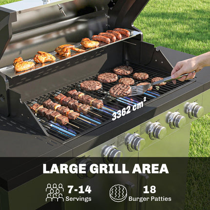 6 Burner Liquid Propane Gas BBQ Grill, Outdoor Portable Gas Barbecue Grill with Warming Rack, Side Tables, Cabinet