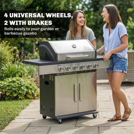 6 Burner Liquid Propane Gas BBQ Grill, Outdoor Portable Gas Barbecue Grill with Warming Rack, Side Tables, Cabinet