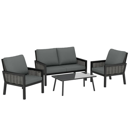 4 Seater Rattan Garden Furniture Set with 2 Armchairs, Loveseat, Coffee Table, Garden Sofa Set with Cushions, Dark Grey