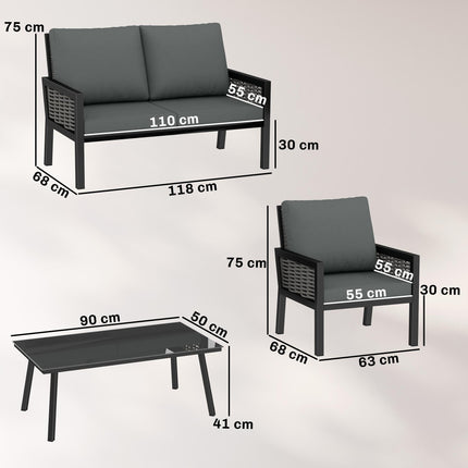 4 Seater Rattan Garden Furniture Set with 2 Armchairs, Loveseat, Coffee Table, Garden Sofa Set with Cushions, Dark Grey