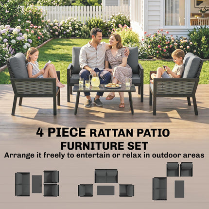 4 Seater Rattan Garden Furniture Set with 2 Armchairs, Loveseat, Coffee Table, Garden Sofa Set with Cushions, Dark Grey