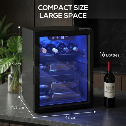 16 Bottle Wine Cooler, 48 Litre Capacity, 4-16°C Under Counter Drinks Beer Wine Fridge with Glass Door, LED Light, Black