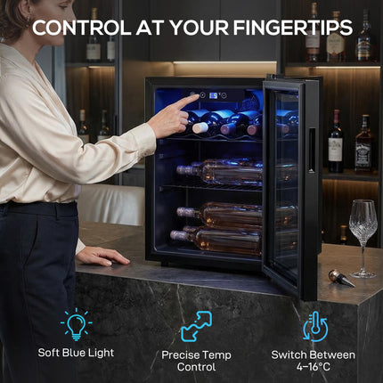 16 Bottle Wine Cooler, 48 Litre Capacity, 4-16°C Under Counter Drinks Beer Wine Fridge with Glass Door, LED Light, Black