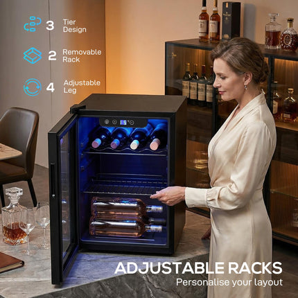 16 Bottle Wine Cooler, 48 Litre Capacity, 4-16°C Under Counter Drinks Beer Wine Fridge with Glass Door, LED Light, Black