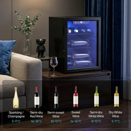 16 Bottle Wine Cooler, 48 Litre Capacity, 4-16°C Under Counter Drinks Beer Wine Fridge with Glass Door, LED Light, Black