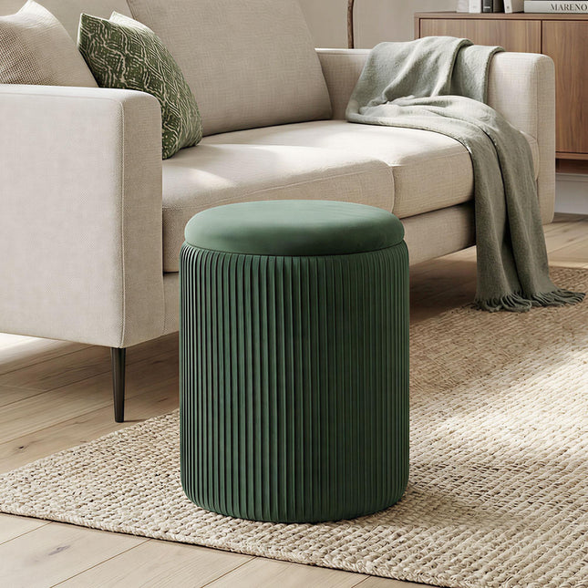 Storage Ottoman Modern Velvet Round Foot Stool for Living Room Bedroom 45 cm Dark Green