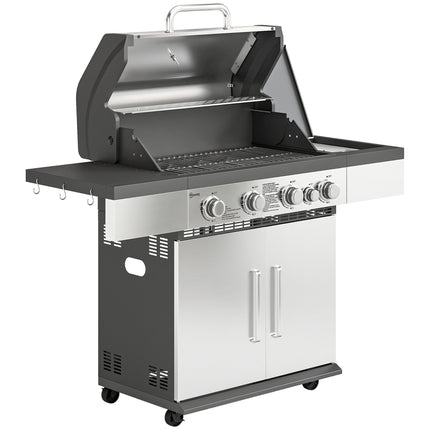 4+1 Burner Gas BBQ Grill, Portable Gas Barbecue Grill with Side Burner, Warming Rack, Side Shelf, Storage Cabinet