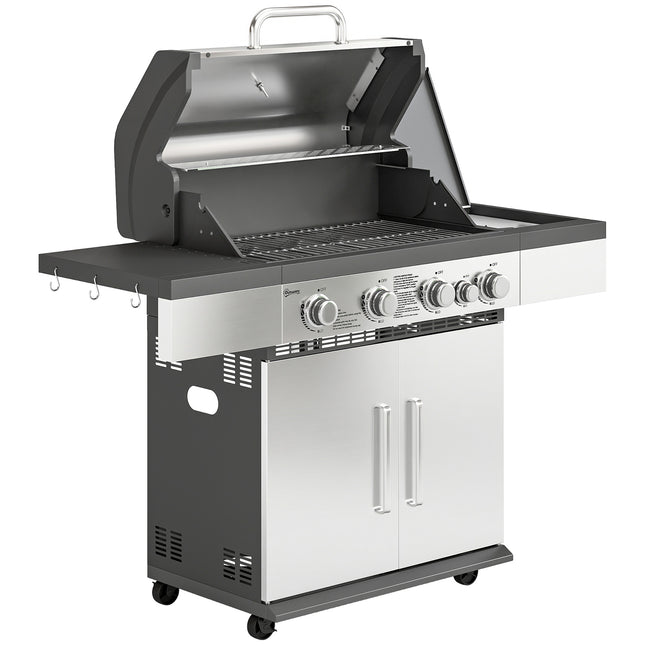 4+1 Burner Gas BBQ Grill, Portable Gas Barbecue Grill with Side Burner, Warming Rack, Side Shelf, Storage Cabinet