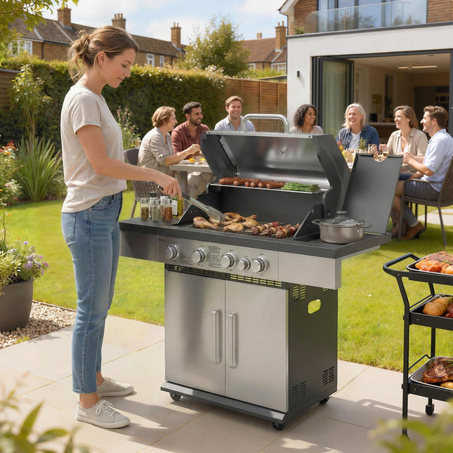 4+1 Burner Gas BBQ Grill, Portable Gas Barbecue Grill with Side Burner, Warming Rack, Side Shelf, Storage Cabinet