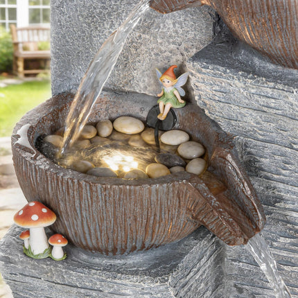 Outdoor Fountain with 5-Tier, Garden Fountain with LED Lights, Adjustable Flow, Grey and Rustic Brown
