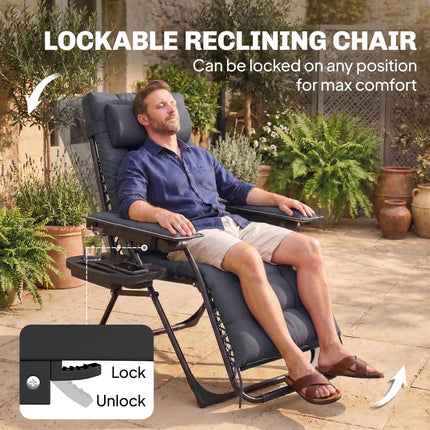Zero Gravity Chair, Folding Sun Lounger Reclining Garden Chair with Arm Pads, Cushion, Cup Holder, Headrest, Dark Grey