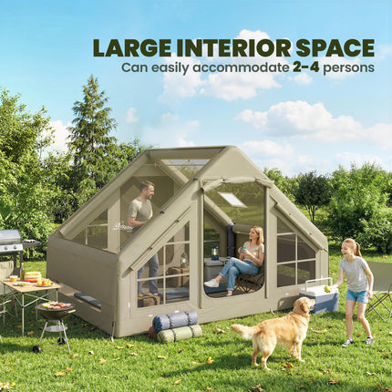 Inflatable Camping Tent with Pump and Stove Jack Hole, Luxury Inflatable Tent with Mesh Windows, Doors, Olive Green