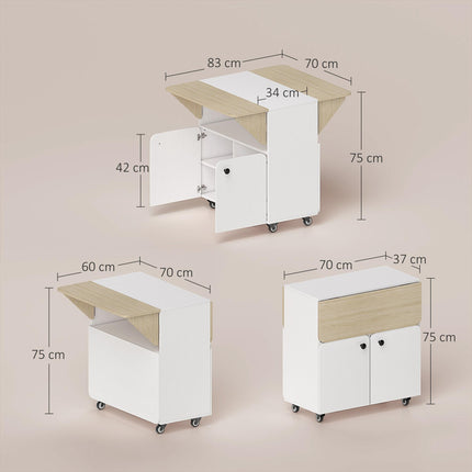 Folding Dining Table, Rolling Drop Leaf Table with Hidden Shelf & Cabinet for Dining Room, Small Spaces, White