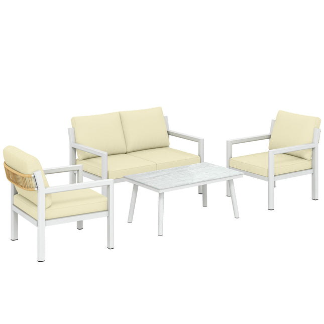 4 Seater Rattan Garden Furniture Set with 2 Armchairs, Loveseat, Coffee Table, Garden Sofa Set with Cushions, Brown