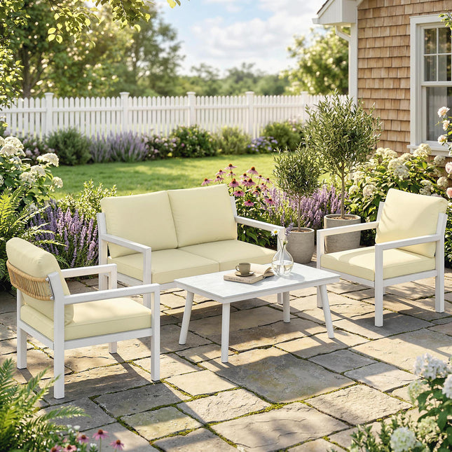 4 Seater Rattan Garden Furniture Set with 2 Armchairs, Loveseat, Coffee Table, Garden Sofa Set with Cushions, Brown