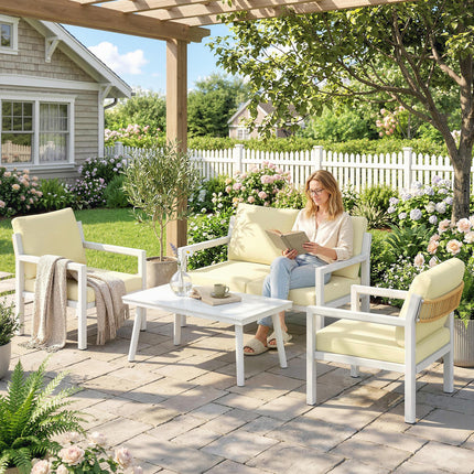 4 Seater Rattan Garden Furniture Set with 2 Armchairs, Loveseat, Coffee Table, Garden Sofa Set with Cushions, Brown