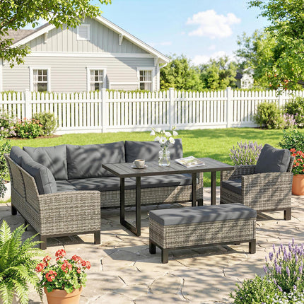 9 Seater Rattan Garden Furniture Corner Sofa Set, Outdoor Dining Set with Faux W