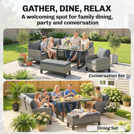 9 Seater Rattan Garden Furniture Corner Sofa Set, Outdoor Dining Set with Faux W