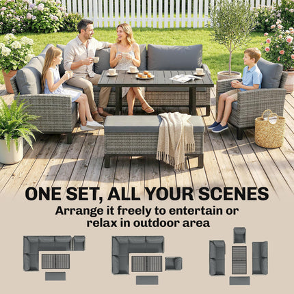 9 Seater Rattan Garden Furniture Corner Sofa Set, Outdoor Dining Set with Faux W