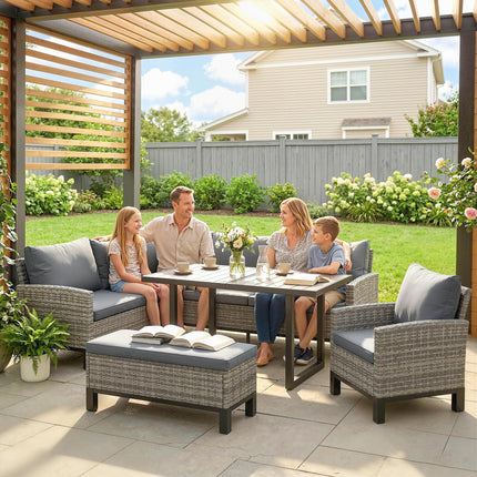 9 Seater Rattan Garden Furniture Corner Sofa Set, Outdoor Dining Set with Faux W