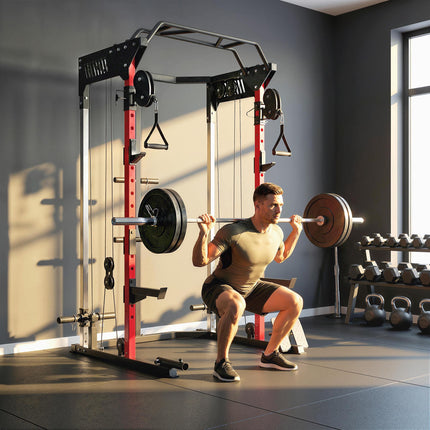 Power Cage, Power Rack with Adjustable Cable Pulley System, Pull-Up Bar, Dip Sta