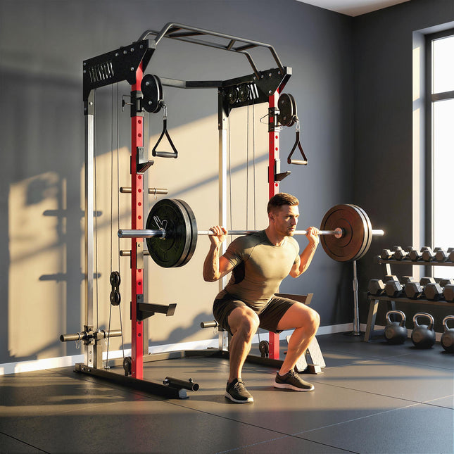 Power Cage, Power Rack with Adjustable Cable Pulley System, Pull-Up Bar, Dip Sta