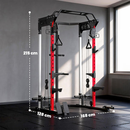 Power Cage, Power Rack with Adjustable Cable Pulley System, Pull-Up Bar, Dip Sta