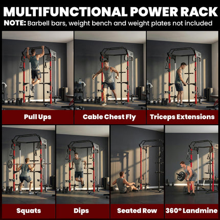 Power Cage, Power Rack with Adjustable Cable Pulley System, Pull-Up Bar, Dip Sta