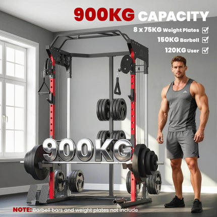 Power Cage, Power Rack with Adjustable Cable Pulley System, Pull-Up Bar, Dip Sta
