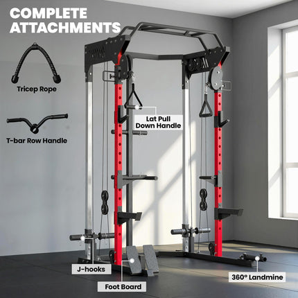 Power Cage, Power Rack with Adjustable Cable Pulley System, Pull-Up Bar, Dip Sta