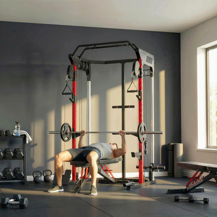 Power Cage, Power Rack with Adjustable Cable Pulley System, Pull-Up Bar, Dip Sta