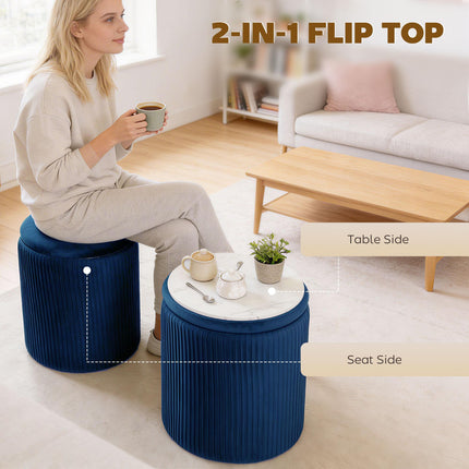 Storage Ottoman Modern Velvet Round Foot Stool for Living Room Bedroom 45 cm Blue