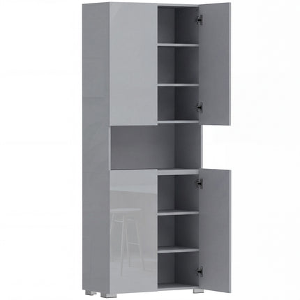 180 cm Tall Kitchen Cupboard, Pantry Storage Cabinet with Soft Close Doors and Adjustable Shelves, High Gloss Grey
