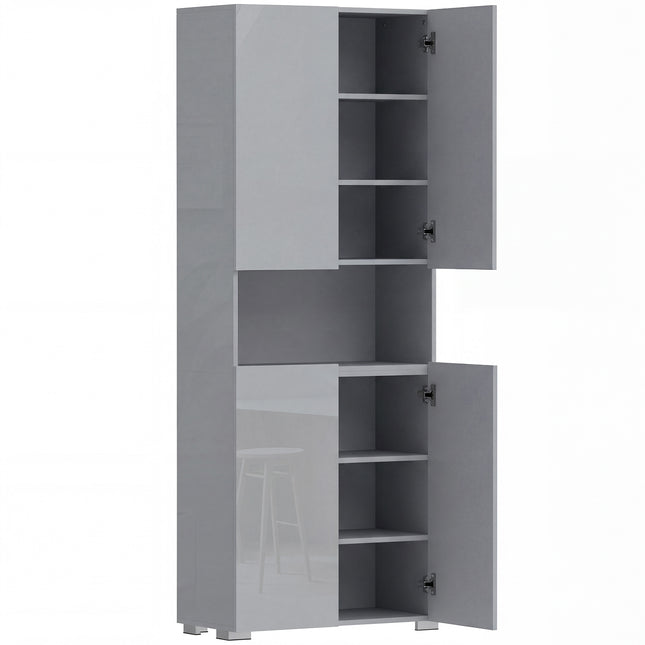 180 cm Tall Kitchen Cupboard, Pantry Storage Cabinet with Soft Close Doors and Adjustable Shelves, High Gloss Grey