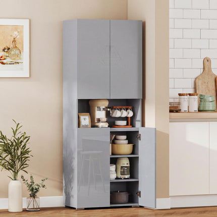 180 cm Tall Kitchen Cupboard, Pantry Storage Cabinet with Soft Close Doors and Adjustable Shelves, High Gloss Grey