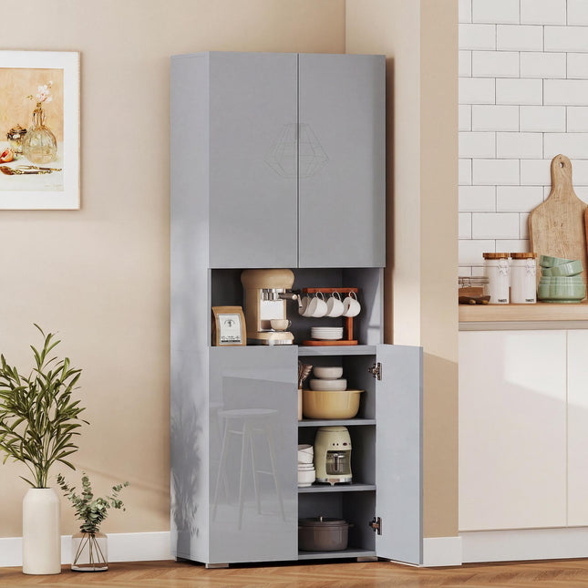 180 cm Tall Kitchen Cupboard, Pantry Storage Cabinet with Soft Close Doors and Adjustable Shelves, High Gloss Grey