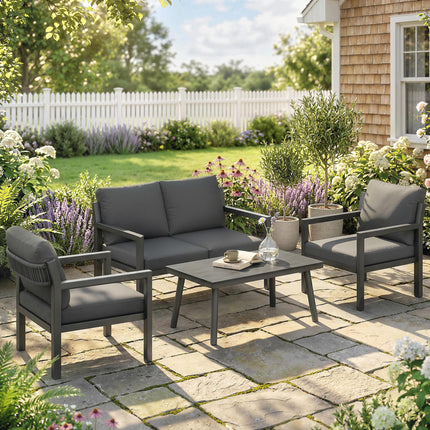 4 Seater Rattan Garden Furniture Set with 2 Armchairs, Loveseat, Coffee Table, G