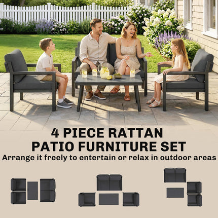 4 Seater Rattan Garden Furniture Set with 2 Armchairs, Loveseat, Coffee Table, G