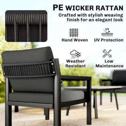 4 Seater Rattan Garden Furniture Set with 2 Armchairs, Loveseat, Coffee Table, G