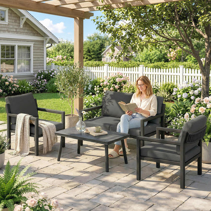 4 Seater Rattan Garden Furniture Set with 2 Armchairs, Loveseat, Coffee Table, G