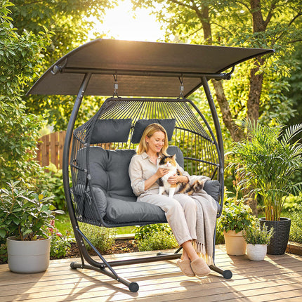 Double Hanging Egg Chair with Canopy, Rattan Garden Egg Swing Chair with Cushion