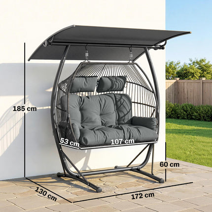 Double Hanging Egg Chair with Canopy, Rattan Garden Egg Swing Chair with Cushion
