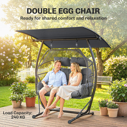 Double Hanging Egg Chair with Canopy, Rattan Garden Egg Swing Chair with Cushion