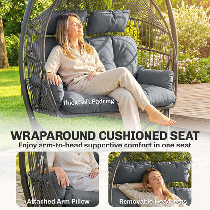 Double Hanging Egg Chair with Canopy, Rattan Garden Egg Swing Chair with Cushion