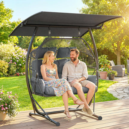 Double Hanging Egg Chair with Canopy, Rattan Garden Egg Swing Chair with Cushion
