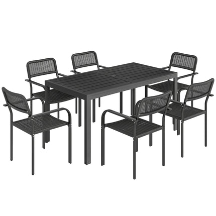 Garden Dining Set for 6, Faux Wood Metal Outdoor Table and Stackable Chairs with Plastic Rattan Effect Seat, Black