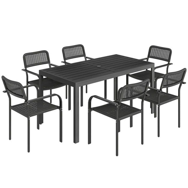Garden Dining Set for 6, Faux Wood Metal Outdoor Table and Stackable Chairs with Plastic Rattan Effect Seat, Black