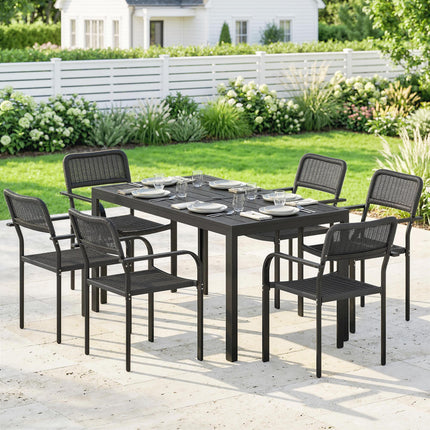 Garden Dining Set for 6, Faux Wood Metal Outdoor Table and Stackable Chairs with Plastic Rattan Effect Seat, Black