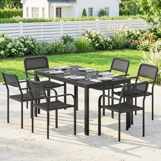 Garden Dining Set for 6, Faux Wood Metal Outdoor Table and Stackable Chairs with Plastic Rattan Effect Seat, Black