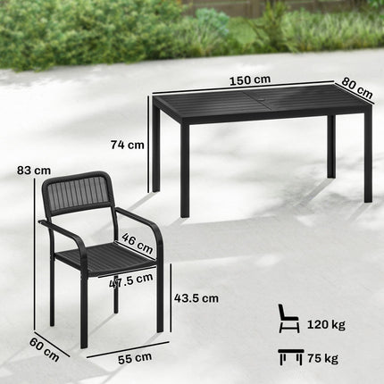 Garden Dining Set for 6, Faux Wood Metal Outdoor Table and Stackable Chairs with Plastic Rattan Effect Seat, Black